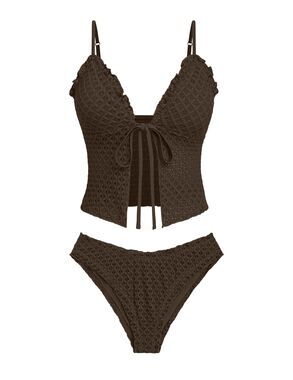 Y2K Tankini Sets Tie Front Ruffle Bikini Set High Cut Thong Two Piece